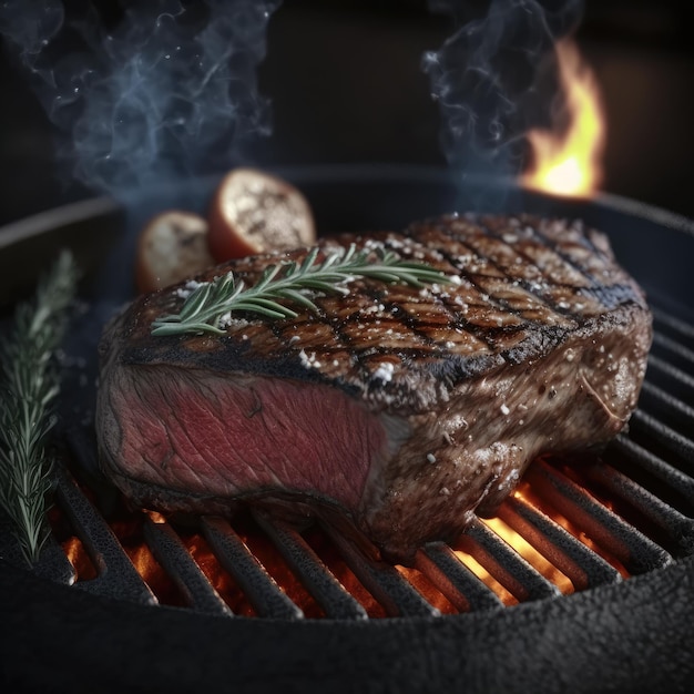 A steak with a sprig of rosemary and herbs on it on a grill. grilled meat. ai generated