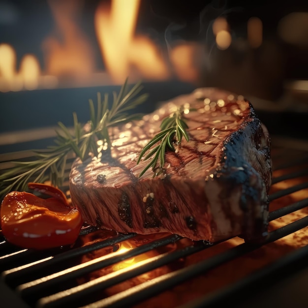 A steak with a sprig of rosemary and herbs on it on a grill. grilled meat. ai generated