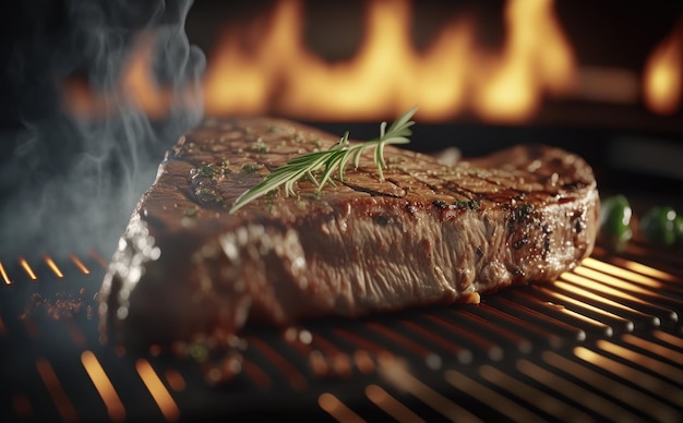 A steak with a sprig of rosemary and herbs on it on a grill. grilled meat. ai generated