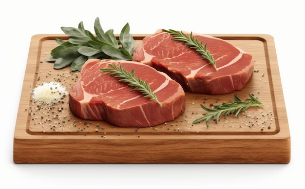 A steak with a sprig of rosemary and herbs on it on a rock board. raw meat. ai generated