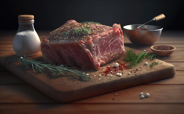 A steak with a sprig of rosemary and herbs on it on a wooden board. raw meat. ai generated