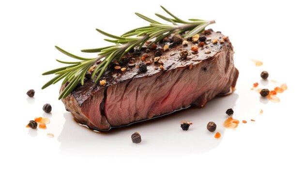 A steak with a sprig of rosemary on it.