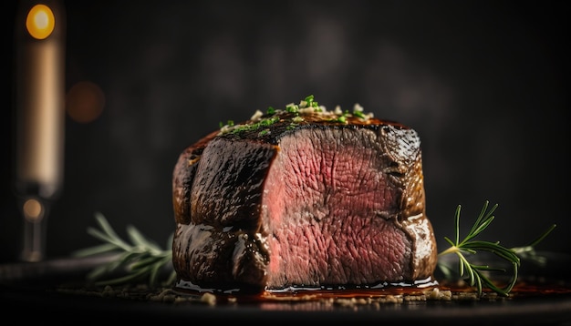 A steak with a sprig of rosemary on it