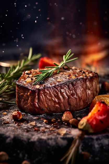 A steak with a sprig of rosemary on it