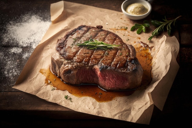 A steak with a sprig of rosemary on it