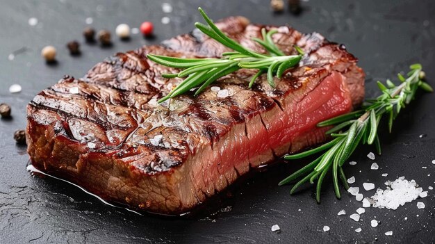 a steak with a sprig of rosemary on the top