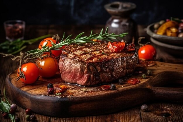 A steak with tomatoes and herbs on a wooden table