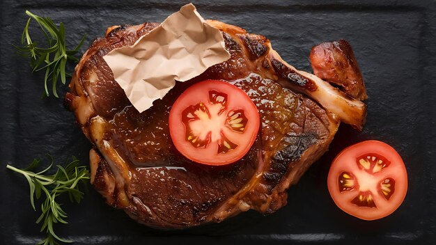 a steak with tomatoes and a piece of paper on it