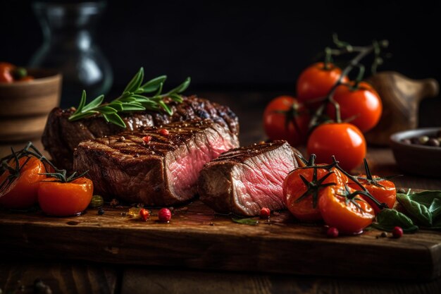 A steak with tomatoes on the side