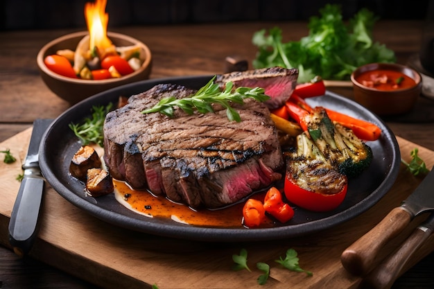 Steak with vegetables and a fire on the table