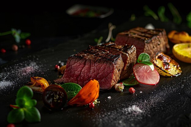 Photo steak with vegetables and spices on a black background