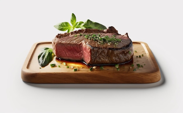 A steak on a wooden board with basil leaves on it.