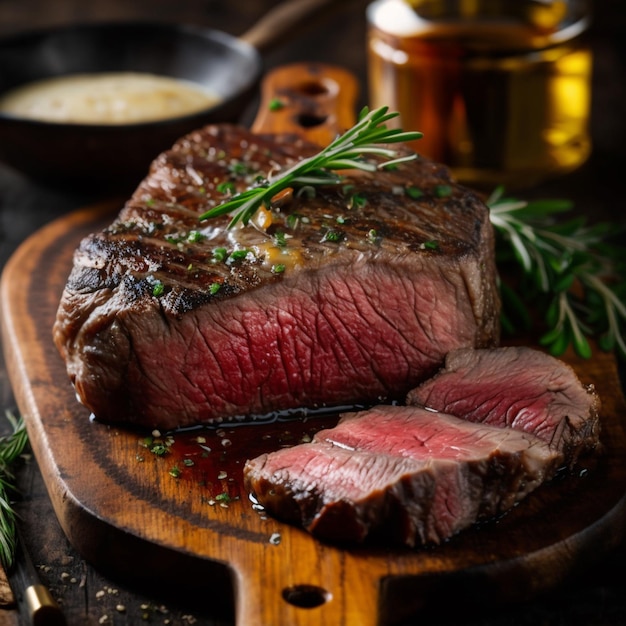 A steak on a wooden board with a sprig of rosemary on it