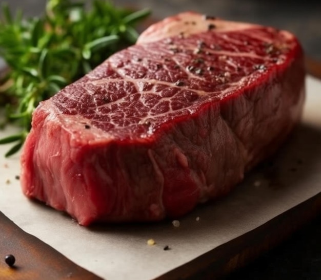 A steak on a wooden board with a sprig of rosemary on it