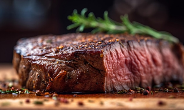 A steak on a wooden board with a sprig of rosemary on it