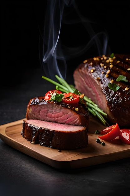 A steak on a wooden board with tomatoes and green onions.