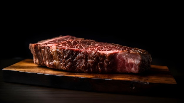 A steak on a wooden board with the word steak on it