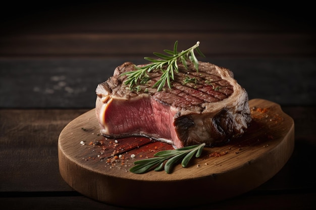 A steak on a wooden cutting board with a sprig of rosemary on it.