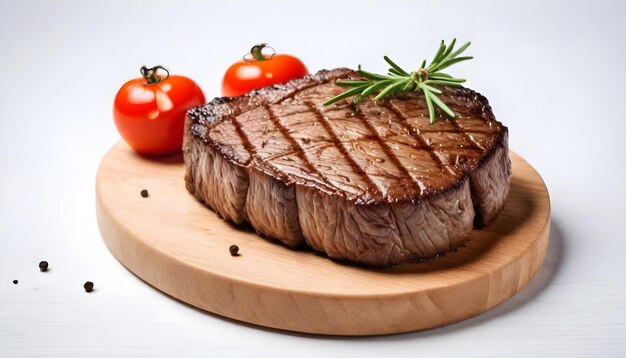 a steak on a wooden plate with a green garnish isolated on white background