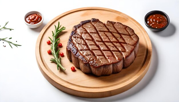 a steak on a wooden plate with a green garnish isolated on white background