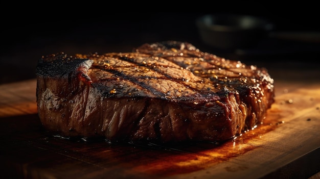 A steak on a wooden table with the word steak on it