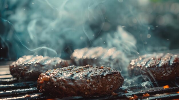 Steaks and burgers grilling to perfection on a barbecue smoke rising in the background