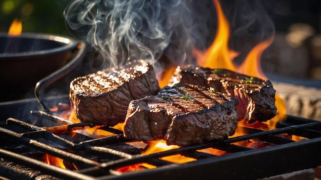 steaks cooking on a grill with a fire behind them