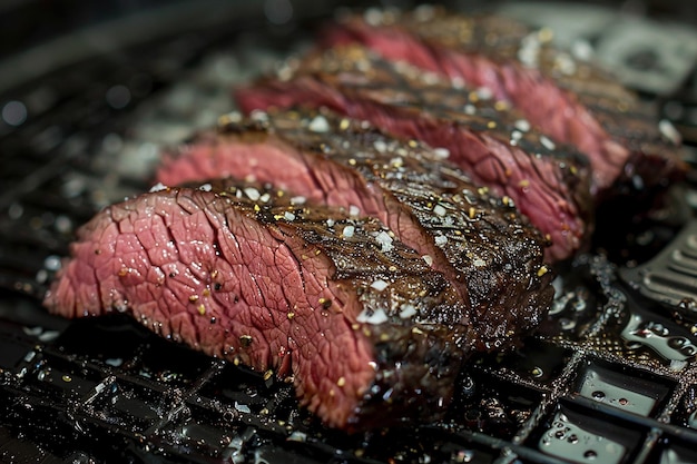 Photo steaks cooking on a grill with flames in the background