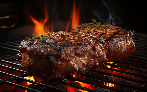 Steaks cooking on a grill with flames coming out of the background