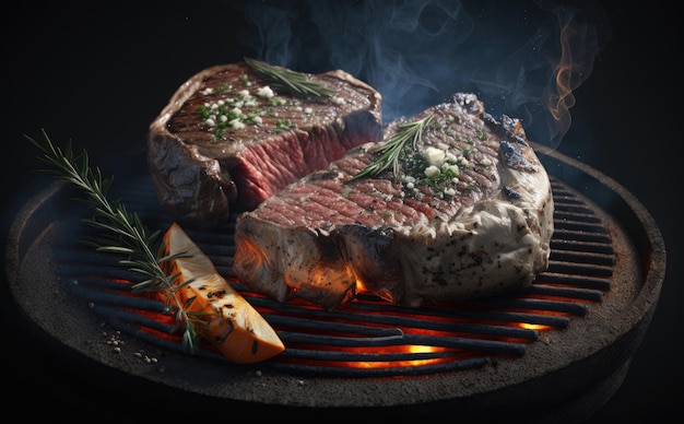 steaks on a grill with a flame in the background. grill close-up. bbq background. ai generated