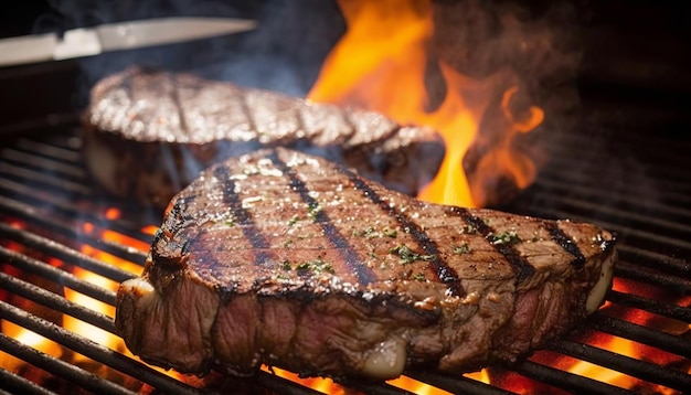 Steaks on the grill with flames in the background