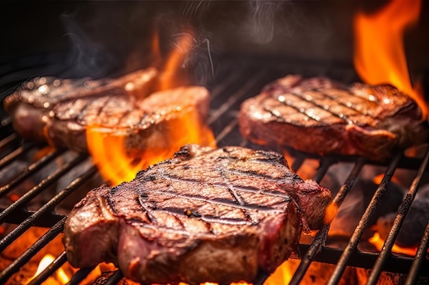 Steaks on a grill with flames and smoke