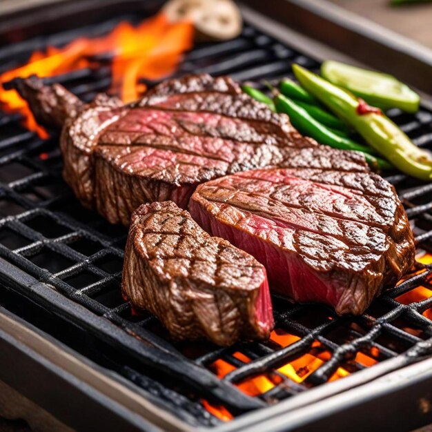 steaks and peppers are cooking on a grill with a fire pit