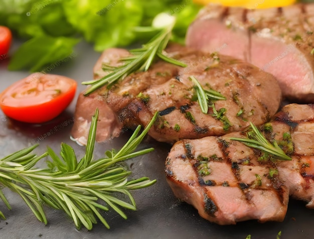 Steaks on a plate with vegetables and herbs