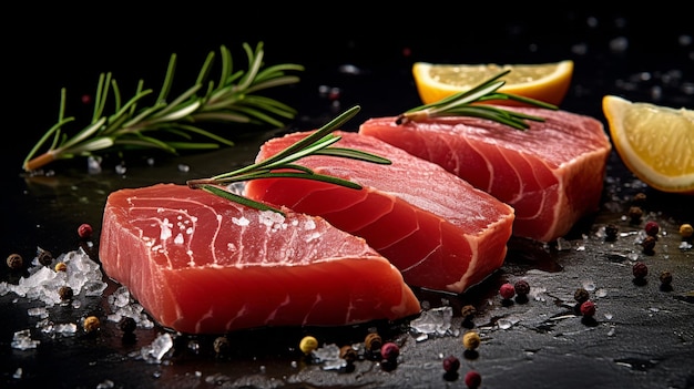 Steaks of raw fresh tuna with rosemary against a rural black background GENERATE AI