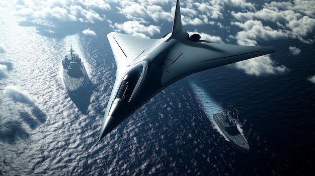 Photo stealth fighter jet soaring over navy warships