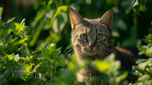 Stealthy cat in garden lush green morning light eyelevel view Generative AI