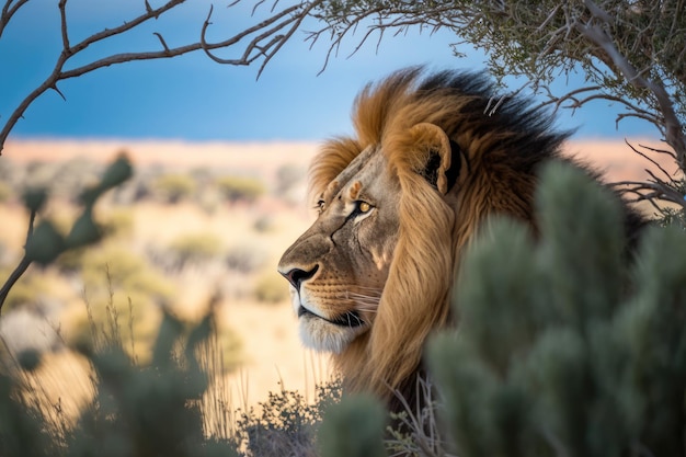 Stealthy Lion Hiding Behind Bush Ready to Pounce on Prey generative AI