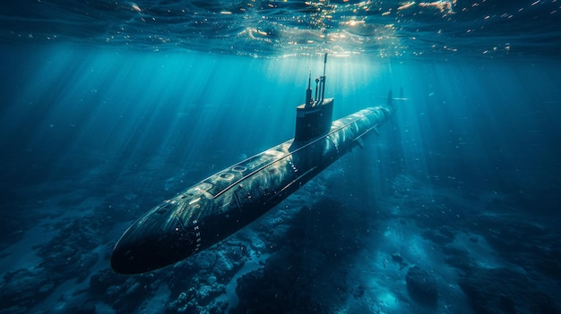 Stealthy submarine cruises ocean39s surface halfhidden in the watery depths