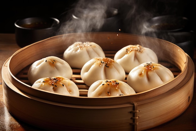 Steam chinese bun in bamboo plate