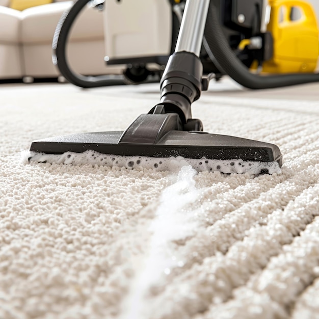 Steam cleaning a fluffy white carpet with a modern cleaner Closeup on carpet cleaner at work Concept of deep cleaning stain removal home hygiene and professional cleaning service