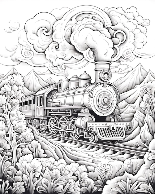 Steam Engine Illustration in Black and White