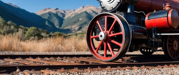 Photo steam engine wheel on rusty tracks amid stunning mountain backdrop