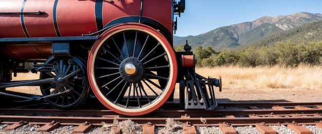 Photo steam engine wheel on rusty tracks amid stunning mountain backdrop