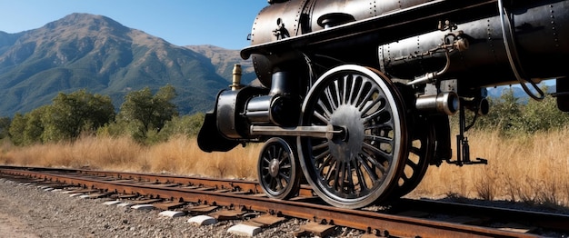 Photo steam engine wheel on rusty tracks amid stunning mountain backdrop