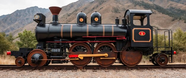 Photo steam engine wheel on rusty tracks amid stunning mountain backdrop