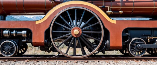 Photo steam engine wheel on rusty tracks amid stunning mountain backdrop