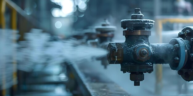 Photo steam escaping from industrial valve a closeup in a factory setting concept industrial setting steam valve closeup shot factory environment highpressure release