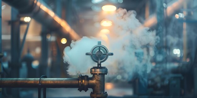 Photo steam escaping from industrial valve in hazy factory environment concept industrial photography factory atmosphere steam valve hazy environment industrial machinery