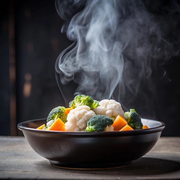 The steam from the vegetables carrot broccoli Cauliflower in a black bowl a steaming